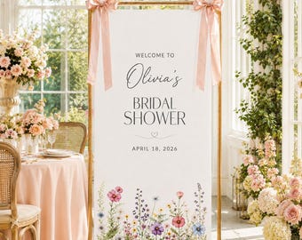 Personalized Floral Bridal Shower Welcome Banner, Custom Bride Fabric Backdrop, Garden Party Sign, Elegant Wedding Shower Decor