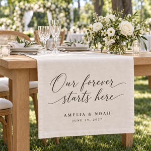 Personalisierter Tischläufer für die Hochzeit, Stoffbanner mit Namen und Datum, romantisches Hochzeitszitat, Dekoration für den Brauttisch