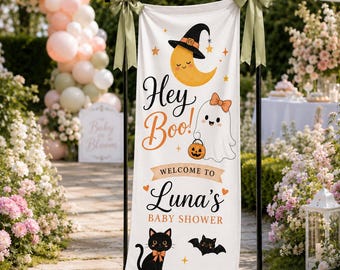 Hey Boo Baby Shower Banner, Personalized Halloween Baby Shower Welcome Sign, Ghost Pumpkin Backdrop, Spooky Cute Party Decor