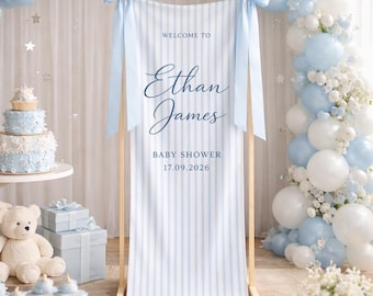 Personalized Baby Shower Banner Custom Name Welcome Sign Blue Theme Baby Boy Shower Backdrop Event Decor