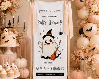 Personalized Peek A Boo Baby Shower Banner, Halloween Ghost Welcome Sign, Custom Spooky Baby Shower Backdrop