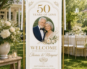 May include: A vertical white fabric banner with gold text and a gold frame, featuring a photo of a couple. Text reads 50 YEARS OF LOVE, WELCOME TO THE GOLDEN ANNIVERSARY OF Thomas & Margaret, SEPTEMBER 12, 1976, CELEBRATING 50 BEAUTIFUL YEARS.
