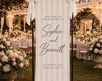 Personalized Wedding Welcome Banner, Custom Couple Names Sign, Beige Stripe Ceremony Backdrop, Elegant Reception Decor