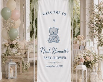 Teddy Bear Baby Shower Welcome Banner, Boy Baby Shower Sign, Personalized Noah Backdrop, Sage Green Bow Decor, Printable Party Banner