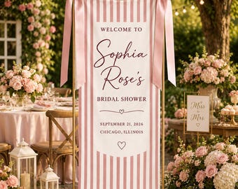 Pink Striped Bridal Shower Sign, Personalized Linen Banner, Elegant Bridal Shower Backdrop, Garden Party Welcome Decor