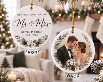 Personalized First Christmas as Mr & Mrs Ceramic Ornament, Custom Wedding Photo Ornament, Newlywed Christmas Gift, Double Sided Keepsake