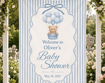 Personalized Baby Shower Welcome Banner, Blue Teddy Bear Balloon Fabric Sign, Custom Baby Name Backdrop, Boy Shower Decor