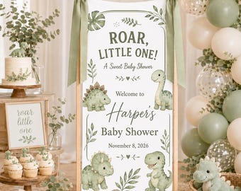 Personalized Dino Baby Shower Banner, Little Dino Is On The Way Welcome Sign, Sage Green Dinosaur Baby Shower Decor
