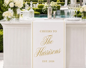 Letrero personalizado para barra de bar de boda, camino de mesa, pancarta "Brindemos por la pareja", decoración personalizada para recepción, letrero de bienvenida para barra de cócteles