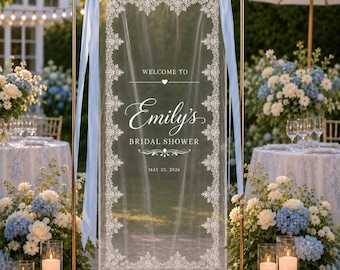 Letrero de bienvenida personalizado de encaje para despedida de soltera, decoración personalizada para fiesta de despedida de soltera, pancarta de tul transparente, letrero romántico floral para la entrada, boda