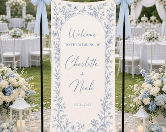 Blue Toile Wedding Welcome Banner, Personalized Couple Name Sign, Custom Garden Wedding Backdrop, Elegant Floral Wedding Decor