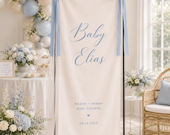 Personalized Baby Shower Welcome Banner, Custom Baby Name Fabric Backdrop, Blue Boy Shower Sign, Nursery Party Decor