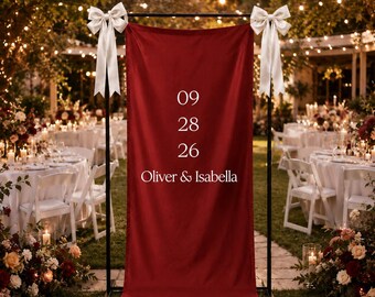 Personalized Burgundy Wedding Welcome Banner, Custom Couple Name Fabric Backdrop, Minimalist Reception Sign, Date Wedding Decor