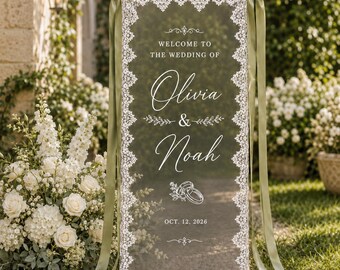 Banner de bienvenida de boda personalizado, letrero de boda de jardín con borde de encaje, telón de fondo personalizado para la ceremonia con los nombres de la pareja.