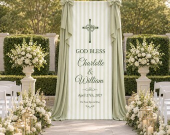 God Bless Baptism Banner, Personalized Christening Backdrop, Sage Green Religious Welcome Sign, Custom Baby Dedication Decor