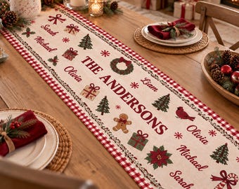 Personalized Christmas Table Runner, Custom Family Name Holiday Table Decor, Vintage Gingham Xmas Dining Runner, Christmas Gift Decor
