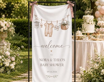 Baby Shower Welcome Sign, Personalized Linen Banner, Neutral Baby Shower Decor, Garden Baby Shower Backdrop, Custom Baby Shower Sign