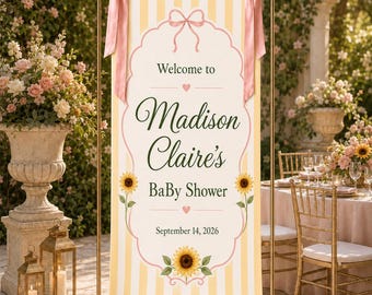 Personalized Sunflower Baby Shower Welcome Banner, Custom Baby Girl Fabric Backdrop, Yellow Stripe Garden Party Decor