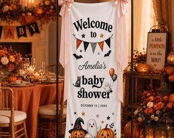 Personalized Halloween Baby Shower Banner, Pumpkin Ghost Welcome Sign, Custom Spooky Baby Shower Backdrop, Fall Baby Party Decor