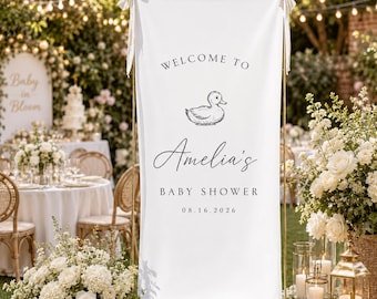 Banner de bienvenida personalizado para baby shower, letrero personalizado de patito para baby shower, fondo elegante para baby shower, decoración neutra para la entrada del baby shower.