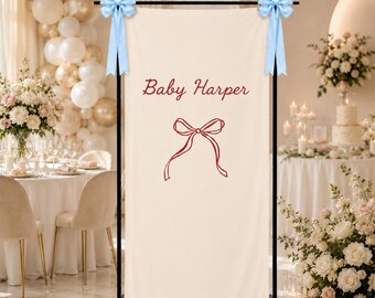 Personalized Baby Shower Banner, Custom Baby Welcome Sign, Minimal Bow Baby Shower Backdrop, Neutral Fabric Party Decor