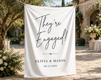 They’re Engaged Banner, Personalized Engagement Party Backdrop, Custom Couple Name Proposal Sign, Minimal Wedding Shower Decor