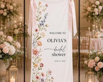 Personalized Floral Bridal Shower Welcome Banner, Custom Bride Fabric Backdrop, Garden Party Sign, Elegant Wedding Shower Decor