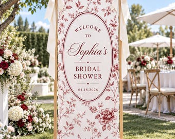 Personalized Bridal Shower Banner, Burgundy Floral Welcome Sign, Custom Bride Name Fabric Backdrop, Elegant Garden Shower Decor