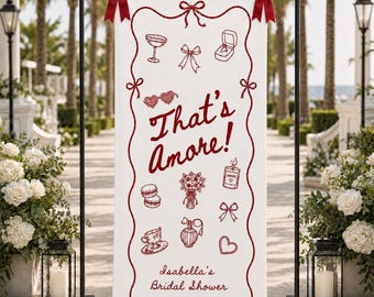 Personalized Bridal Shower Banner, That’s Amore Italian Bridal Shower Sign, Custom Name Fabric Backdrop, Red Bow Wedding Shower Decor