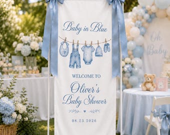 Baby in Blue Baby Shower Banner, Personalized Boy Baby Shower Welcome Sign, Blue Baby Shower Backdrop, Custom Baby Boy Decor