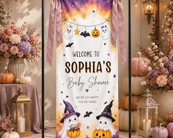 Banner personalizado para baby shower de Halloween, letrero de bienvenida de calabaza fantasma, fondo personalizado para baby shower de otoño espeluznante