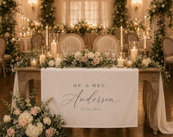Personalized Wedding Table Runner, Custom Linen Sweetheart Table Sign, Rustic Reception Decor, Custom Mr and Mrs Last Name Fabric Sign