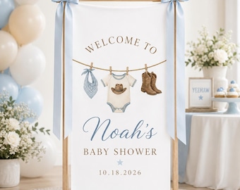 Cowboy Baby Shower Banner, Little Cowboy Welcome Sign, Blue Baby Shower Fabric Banner, Western Baby Shower Decor