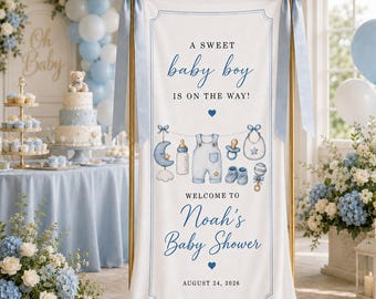 Personalized Baby Boy Shower Welcome Banner, Custom Blue Fabric Backdrop, Baby Clothesline Tapestry, Elegant Party Decor
