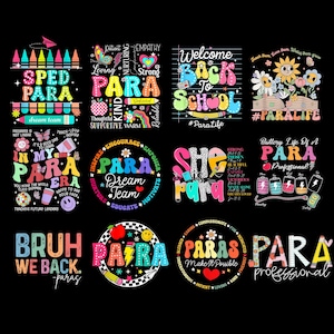 May include: A selection of vibrant graphic designs with text, including phrases such as "SPED PARA," "Welcome Back to School," and "PARA Dream Team." The designs use diverse fonts, illustrations, and a black backdrop.