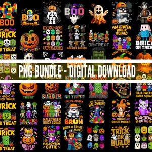 May include: A digital collection of Halloween-themed graphics featuring pixelated block-style characters, pumpkins, ghosts, and skeletons. The designs include text such as BOO, BRICK OR TREAT, MONSTER BUILDER, and HALLOWEEN BRICK SQUAD on black backgrounds.