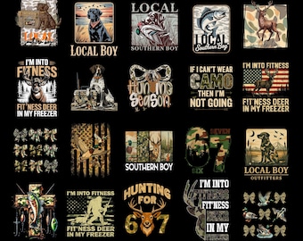 Op de afbeelding: Verzameling grafische ontwerpen op zwarte achtergronden. Ontwerpen omvatten jaagthema's met herten, honden, eenden en camouflagepatronen. Tekst bevat zinnen als "Local Boy" en "Hunting Season".