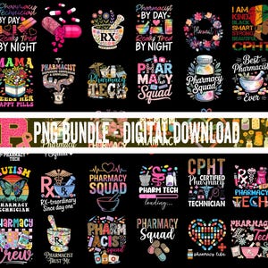May include: A digital collection of pharmacy-themed graphic designs on a black background, featuring illustrations of mortar and pestles, pills, medical symbols, and text such as Pharmacist by Day, Pharmacy Squad, and Certified Pharmacy Technician.