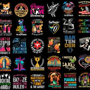 May include: A collection of thirty square graphic designs featuring various illustrations of cocktails, bar tools, and skeletons with humorous text related to bartending, including phrases like Adult Daycare Director and Emotional Support Bartender.