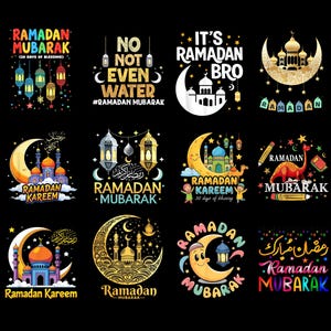 May include: A collection of colorful Ramadan-themed designs on a black background. The designs include crescent moons, mosques, lanterns, and text such as "Ramadan Mubarak" and "Ramadan Kareem". The overall theme is festive and celebratory.