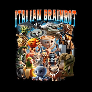 Op de afbeelding: Een kleurrijke afbeelding met de tekst "ITALIAN BRAINROT". De afbeelding is een collage van surrealistische personages, waaronder een haai, een alligator, een ananas en een koffiekopjespersoon.