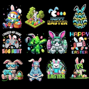 May include: A collection of colorful Easter-themed graphic designs on a black background. The designs feature bunnies, eggs, and gaming controllers, with text like "Happy Easter" and "I paused my game to egg hunt."