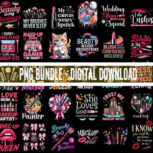 May include: A digital collection of makeup-themed graphic designs on a black background, featuring illustrations of brushes, lipsticks, palettes, and text phrases like Beauty is my Business, My brushes never sleep, and Makeup artist by day.