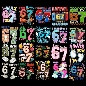 以下が含まれることがあります： 様々なテーマ（ビデオゲーム、ユニコーン、誕生日など）を特徴とする、数字67を使ったカラフルなグラフィックデザインのコレクション。「I was now I'm 67」と「Level 67 Unlocked」のテキストが含まれています。
