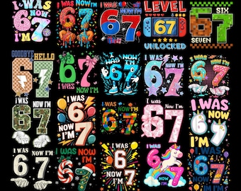 Puede incluir: Una colección de diseños gráficos coloridos con el número 67, con varios temas como videojuegos, unicornios y celebraciones de cumpleaños. El texto incluye "I was now I'm 67" y "Level 67 Unlocked".