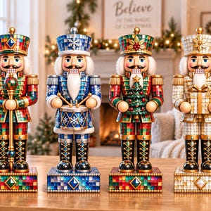 May include: Four decorative nutcracker figurines standing on rectangular bases. Each figure features a mosaic-tiled finish, a tall hat, and a uniform. The nutcrackers hold a staff, a drum, a small Christmas tree, and a gift box respectively.