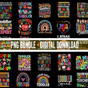 Könnte beinhalten: Eine digitale Sammlung von Grafikdesigns mit farbenfroher Typografie und Illustrationen rund um Kleinkindlehrer, darunter Phrasen wie 'Toddler Negotiation Expert', 'Toddler Squad' und 'I Speak Toddler' auf einem schwarzen Hintergrund.