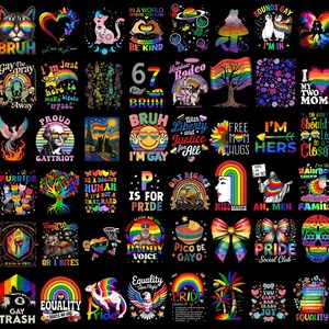 Peut inclure: Une collection de graphismes colorés avec du texte, comprenant des arcs-en-ciel, des chats et des slogans comme "Gay Rights" et "Equality". Les motifs sont imprimés sur divers articles, promouvant la fierté et l'inclusion LGBTQ+.