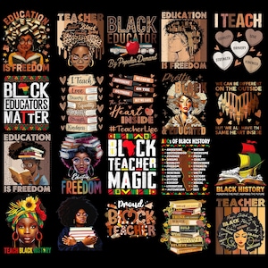 Puede incluir: Una colecci&oacute;n de dise&ntilde;os gr&aacute;ficos con educadores negros y temas de educaci&oacute;n, libertad e historia negra. Los dise&ntilde;os incluyen retratos, texto e im&aacute;genes simb&oacute;licas, con colores vibrantes y fuentes en negrita. El tema general es el empoderamiento y la celebraci&oacute;n de la cultura negra.