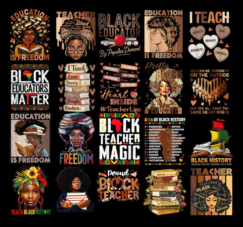 Puede incluir: Una colecci&oacute;n de dise&ntilde;os gr&aacute;ficos con educadores negros y temas de educaci&oacute;n, libertad e historia negra. Los dise&ntilde;os incluyen retratos, texto e im&aacute;genes simb&oacute;licas, con colores vibrantes y fuentes en negrita. El tema general es el empoderamiento y la celebraci&oacute;n de la cultura negra.